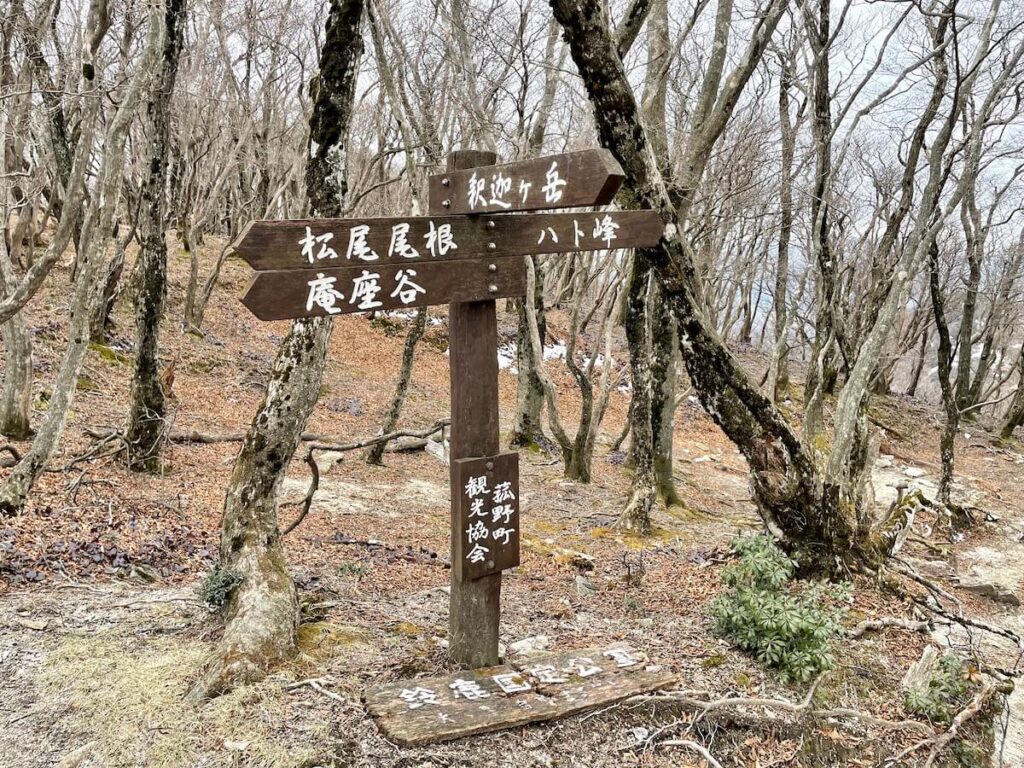 釈迦ヶ岳の登山道(分岐標識)